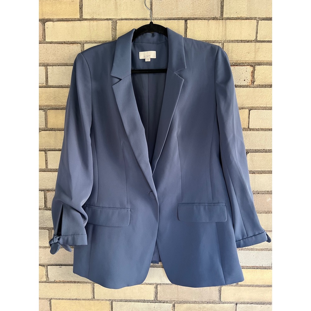 LOFT Blue Single Button Blazer Jacket with Tie Cuff Sleeves Size 10 Medium